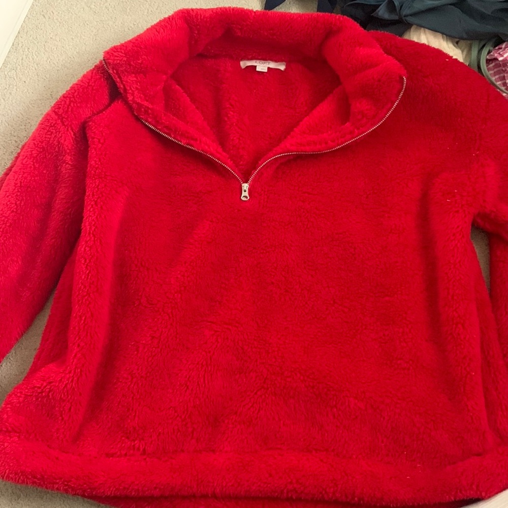 red pullover quarter zip sweatshirt